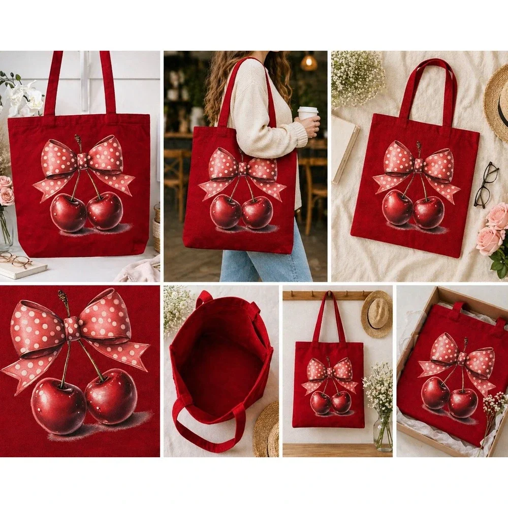 Cherries‎ & Bows Tote Bag, Canvas Bag